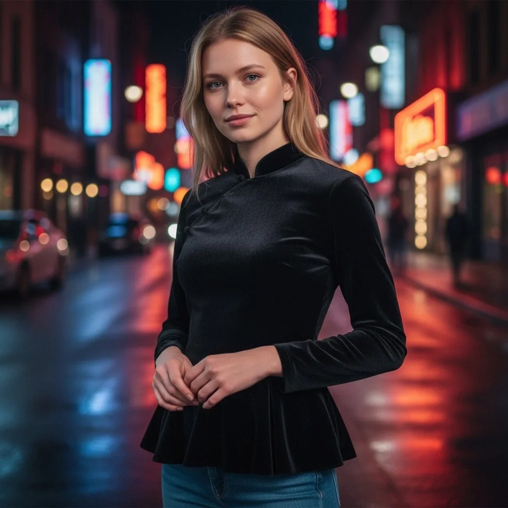 S Black Velvet Mandarin Collar Peplum Top Asian Inspired Back Zip - Picture 6 of 12